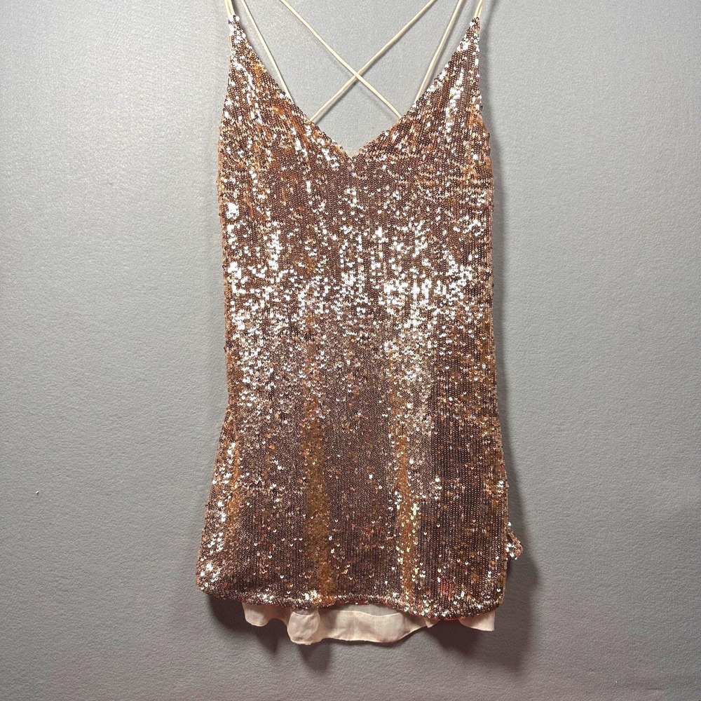 Free People Rose Gold Sequin Mini Dress Cross Back V-Neck Party Medium